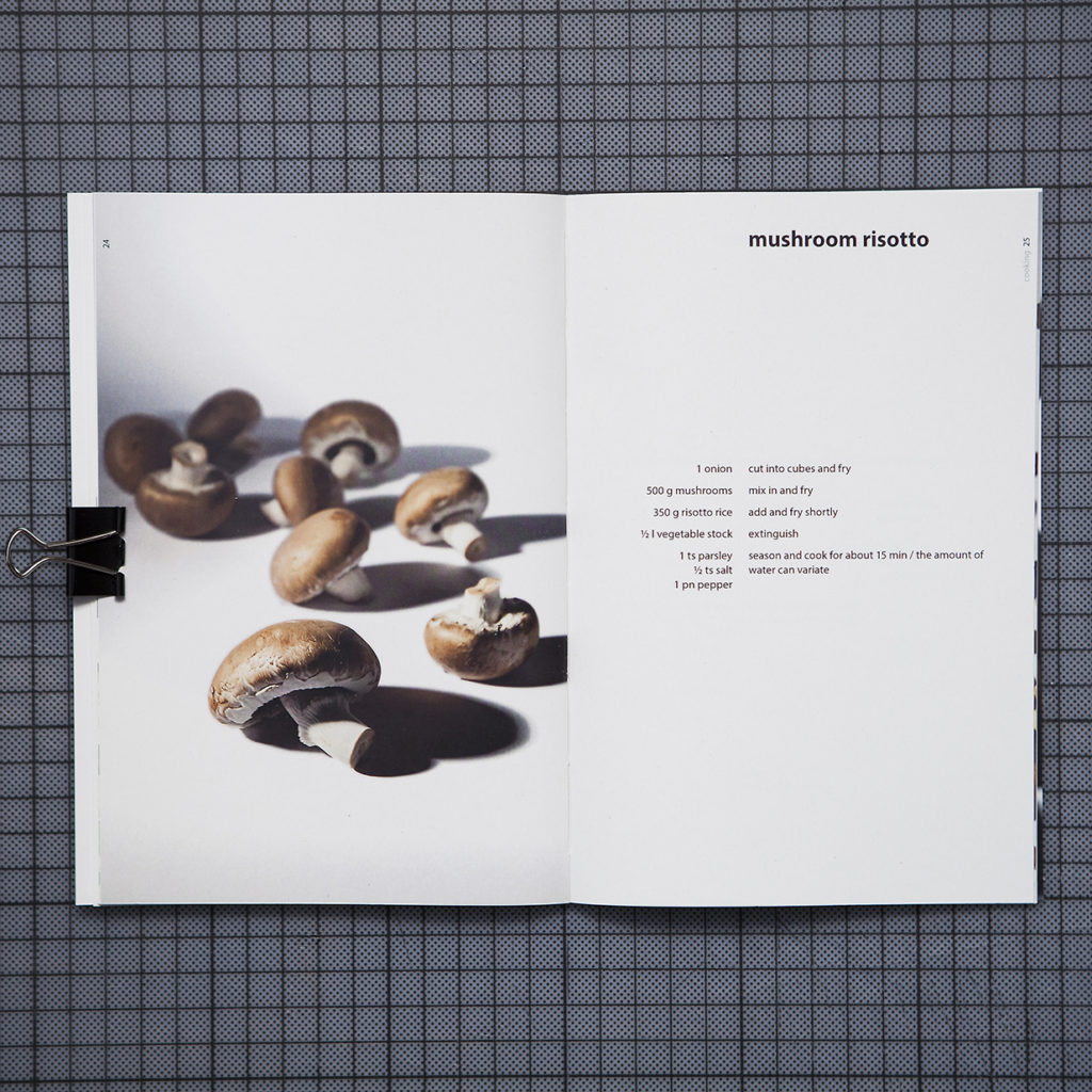 the interior page shows a photograph of mushrooms on the left and a vegan recipe of mushroom risotto on the right spread
