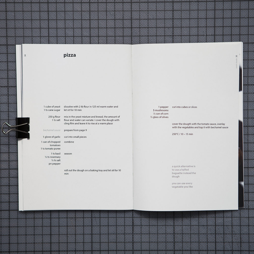 the double page shows a vegan recipe of pizza in a minimal design and structured method