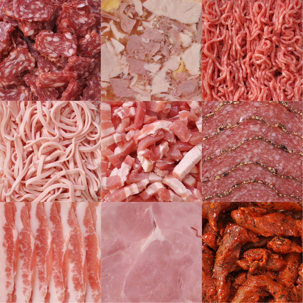 das foto beinhaltet neun detailaufnahmen verschiedener fleischsorten