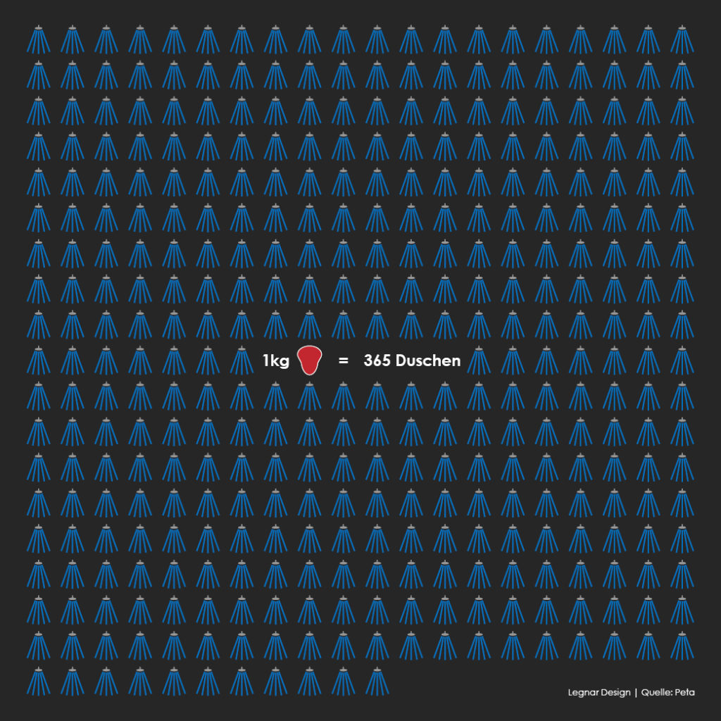 die infografik zeigt 1 kg fleisch und 365 duschen in minimalistischer grafik.
