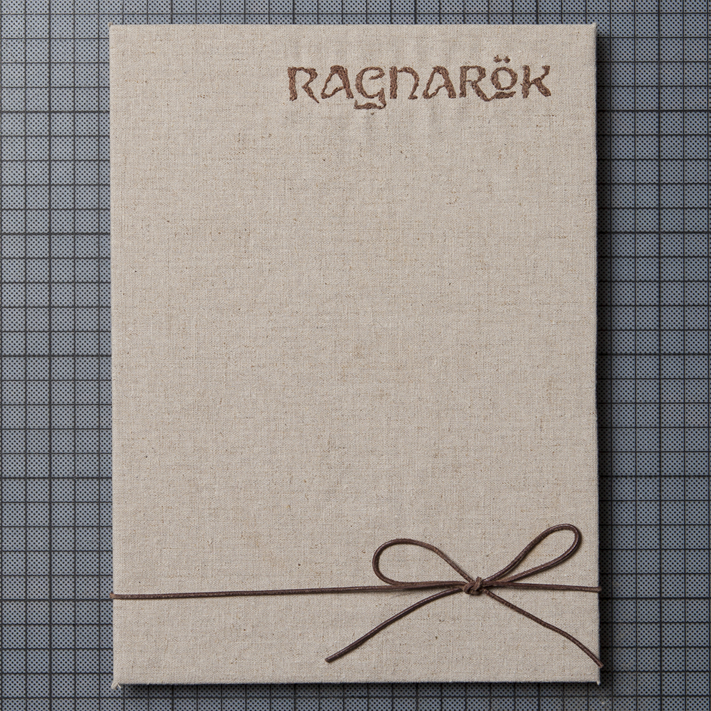 the cover is made of beige cloth. the headline "ragnarök" is embroidered of brown thread. the leporello is closed by a brown leather thread.