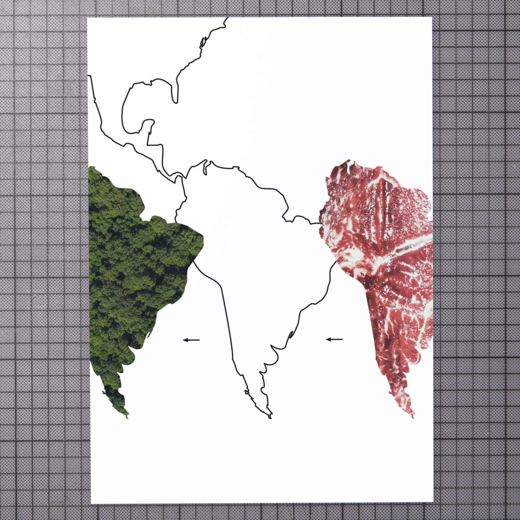 the poster shows the black outlines of the continent south america on a white background. the filling of a photograph of rainforest from above gets replaced by a pattern of meat.