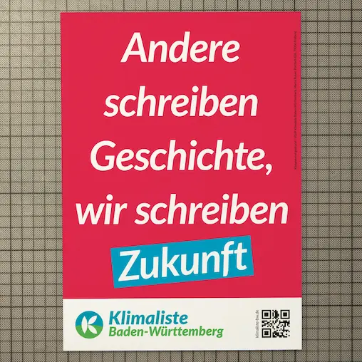 the election poster shows the slogan "others make history, we make future" on a green background with the logo, website and qr-code