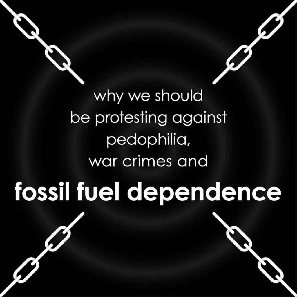 The graphic shows the small text 'why we should be protesting against pedophilia, war crimes and' in the centre and the bigger and bold text 'fossil fuel dependence'. From the four corners are chains leading towards the text. In the background is a black oild slick in a circle.