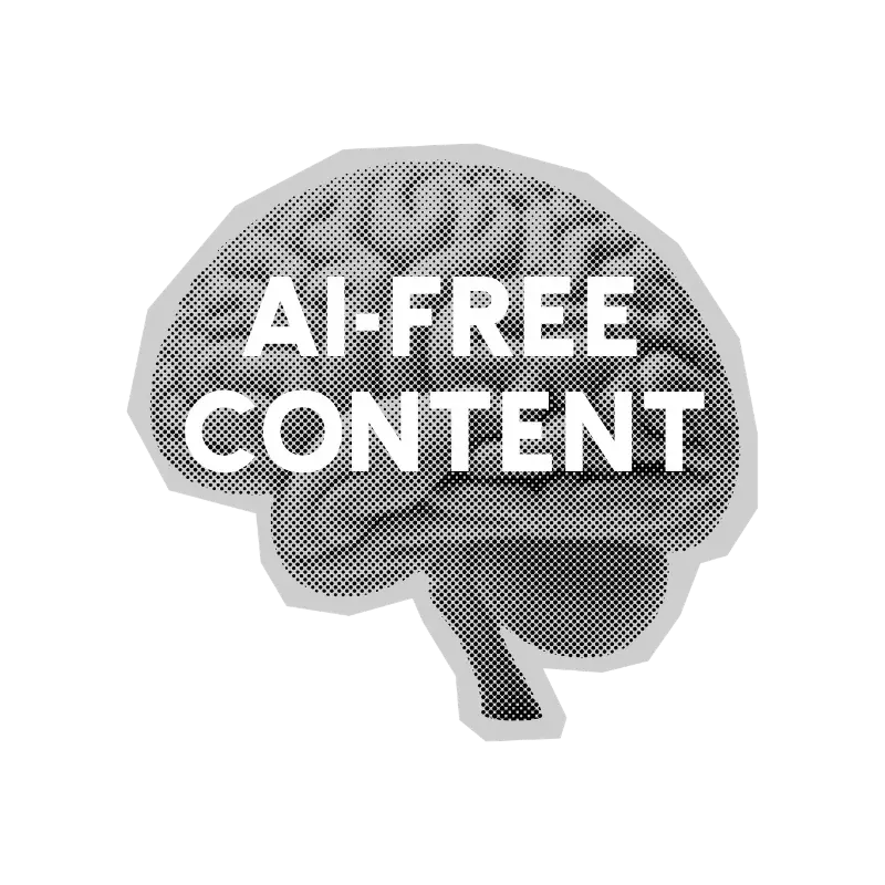 The image shows a newspaper style cut out brain in the background. In the centre is the headline 'AI-FREE CONTENT' in white bold upper case laters.